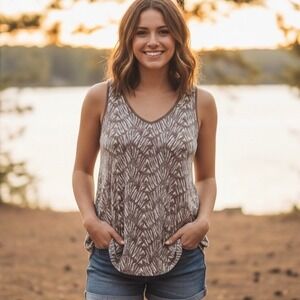 Woolrich Tank Top Shirt Women XS 100% Cotton Split Back Abstract Brown Gray